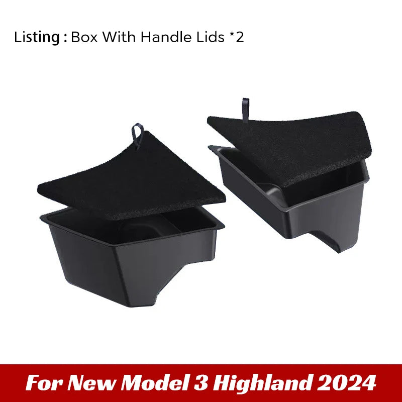 Tesla Model 3 Highland 2024 trunk side storage boxes with carpet lids and pull handles