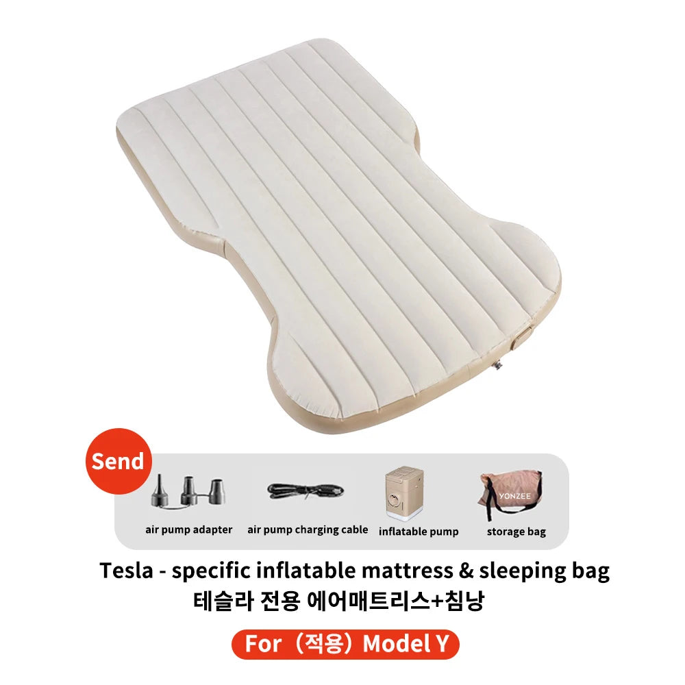 Tesla Model Y inflatable camping mattress with air pump and storage bag – portable self-inflating travel bed
