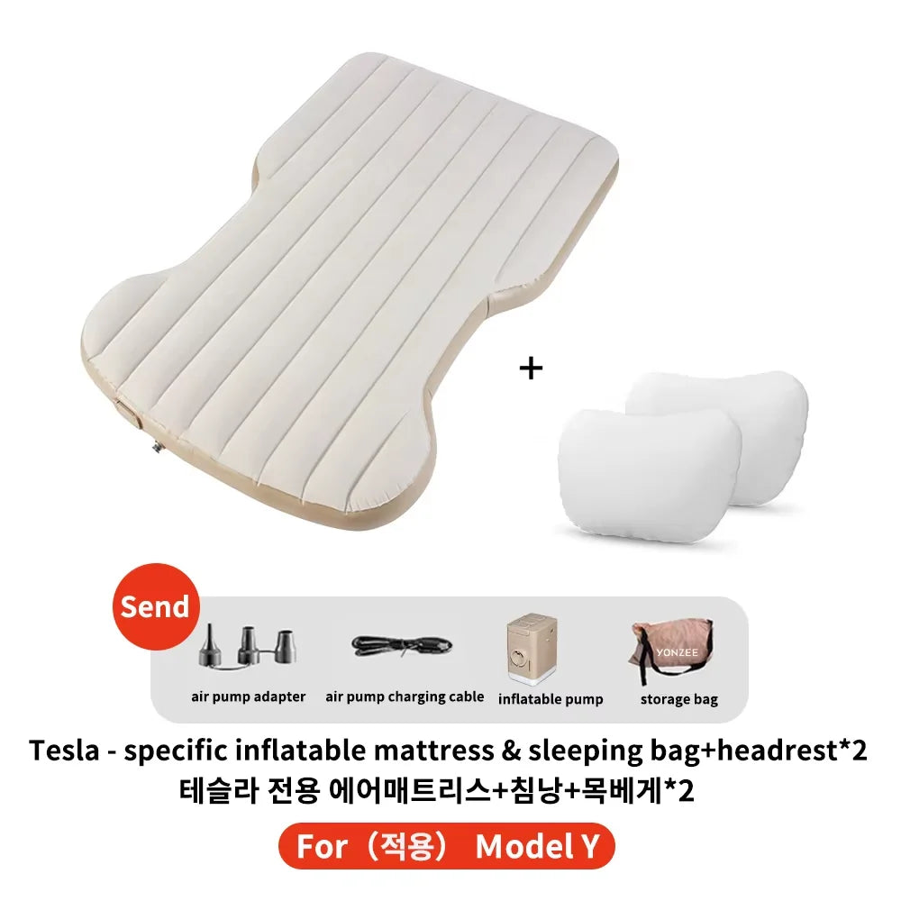 Tesla Model Y inflatable camping mattress with 2 white headrests, air pump, and storage bag – portable car bed for travel