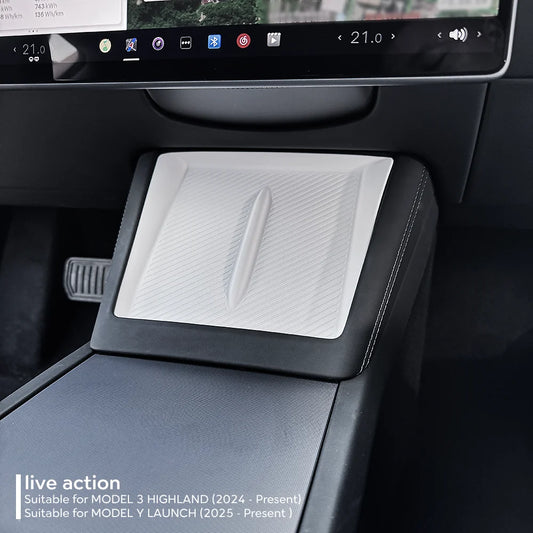 Tesla Model 3 Highland 2024 & Model Y Juniper 2025 center console organizer with wireless charging silicone pad installed in vehicle