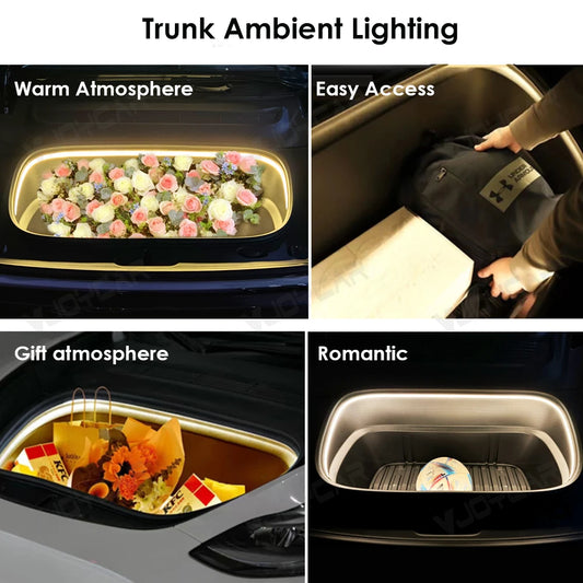 Tesla Model Y 2025 and Model 3 Highland 2024 trunk ambient LED lighting – warm, romantic, and easy access atmosphere