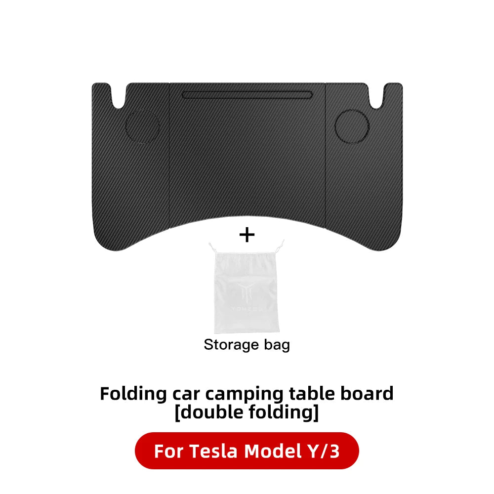 Black folding car camping table board with cup holders, double folding design, and storage bag, compatible with Tesla Model Y and Model 3.