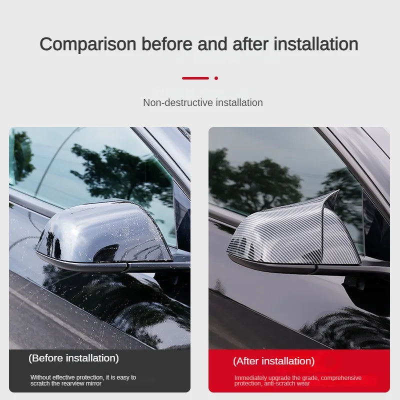 2024 Tesla Model 3/Y Highland Side Mirror Covers – Carbon Fiber Style Wing Rear View Caps (2PCS)