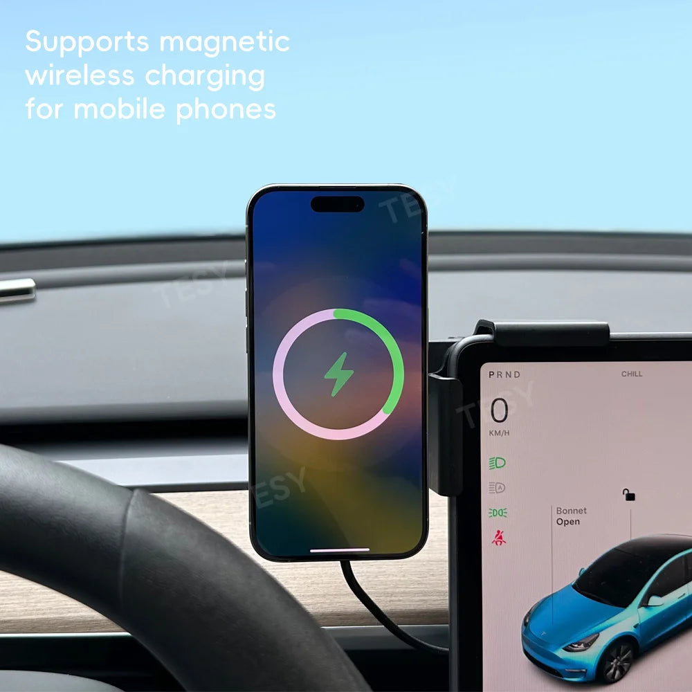 Tesla Model 3/Y Highland & Model Y 2025 Magnetic Car Phone Mount – 15W Magsafe Wireless Charger