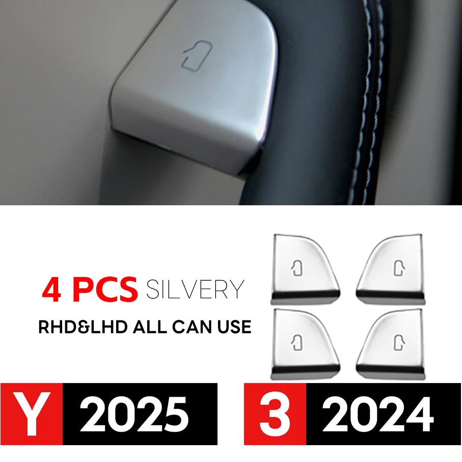 Silver door lock button cover protector for Tesla Model Y 2025 Juniper and Model 3 2024 Highland, interior trim accessory by ETUN.