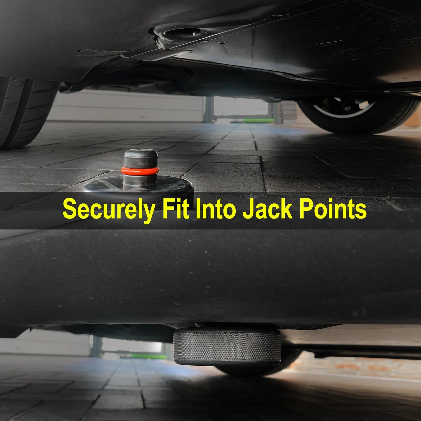 Tesla 20mm rubber jack pad securely fitted into lift point