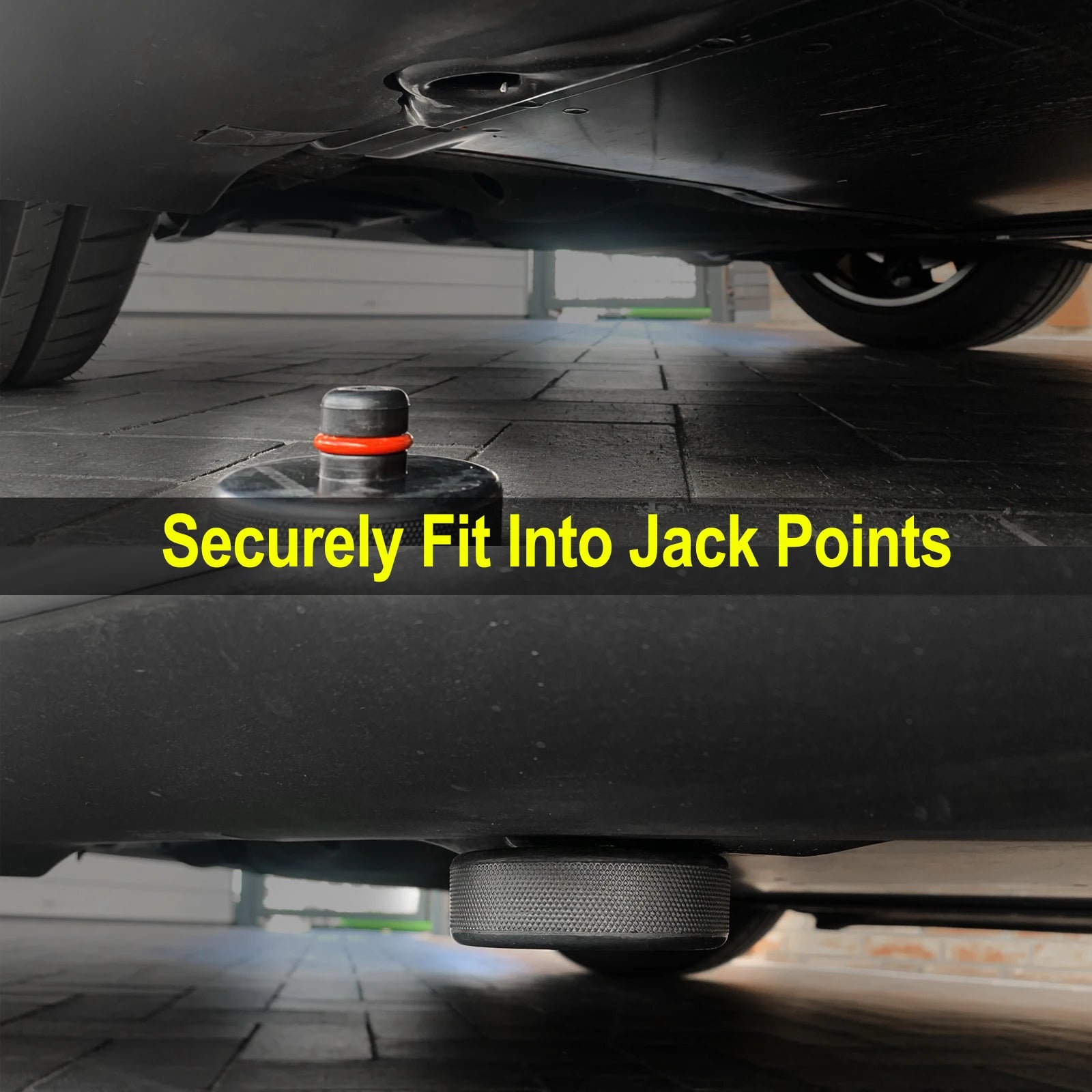 Tesla 20mm rubber jack pad securely fitted into lift point