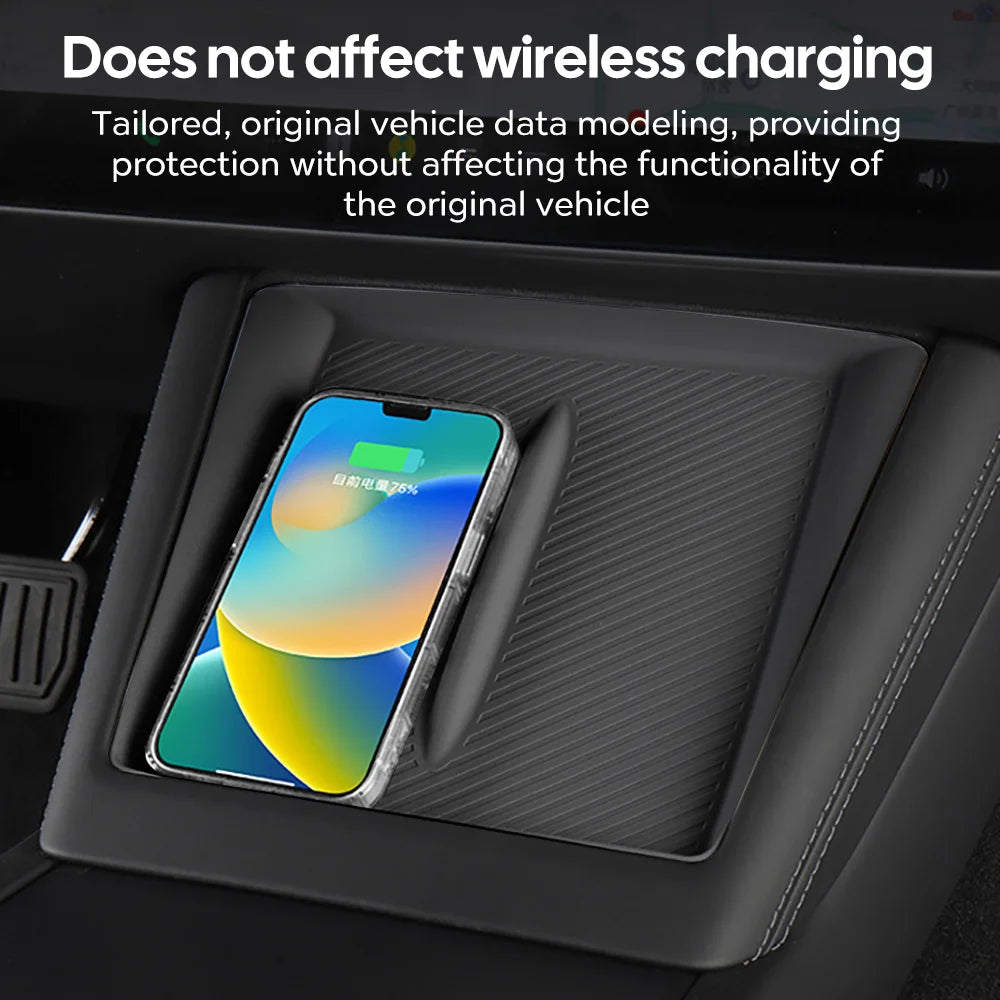 Tesla Model 3 & Model Y center console organizer with wireless charging silicone pad compatible with smartphones