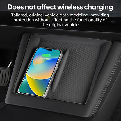 Tesla Model 3 & Model Y center console organizer with wireless charging silicone pad compatible with smartphones
