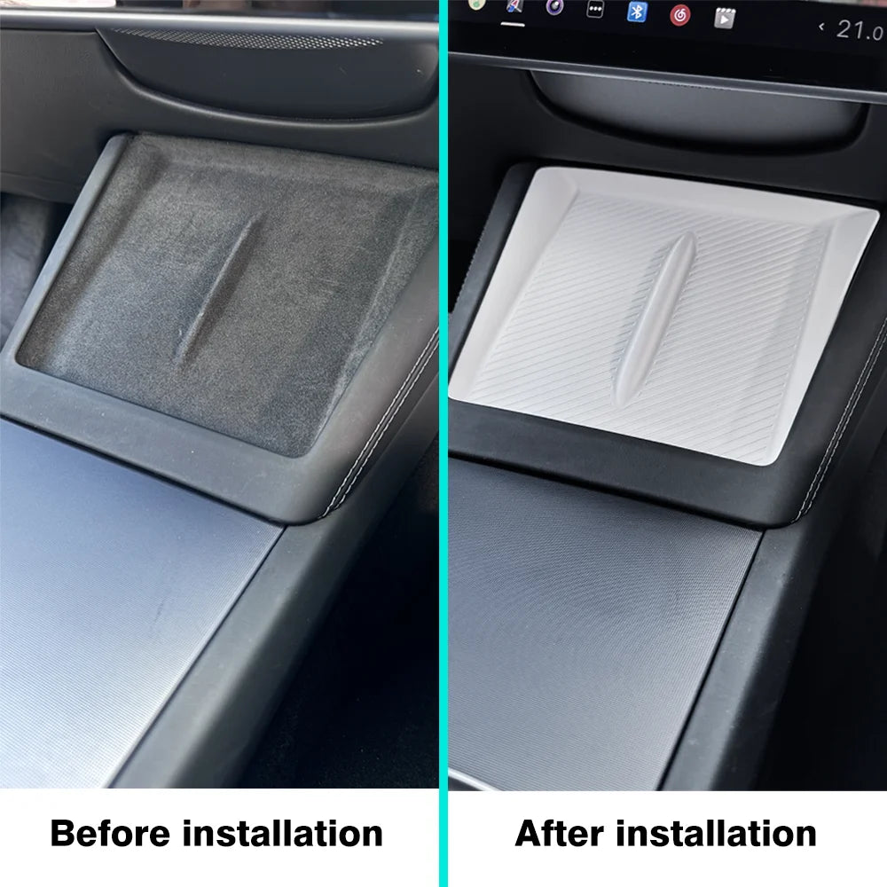 Before and after installation of Tesla Model 3 & Model Y center console storage box with wireless charging silicone pad