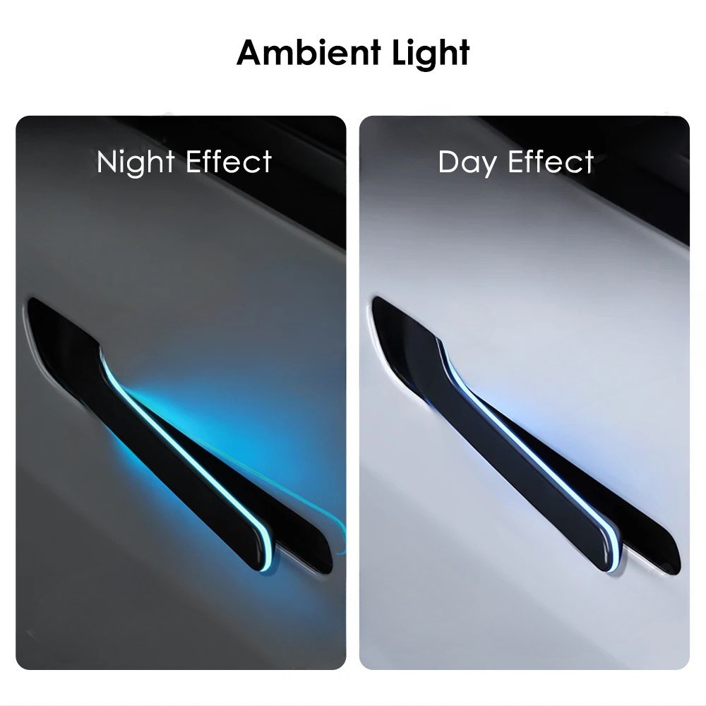 Tesla wireless LED door handle showing ambient light effect during day and night for Model 3 and Model Y