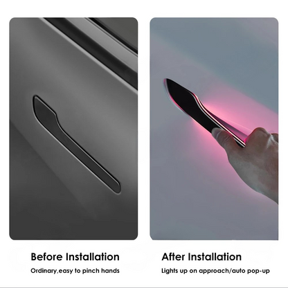 Before and after installation of wireless LED auto-presenting door handle for Tesla Model 3 and Model Y