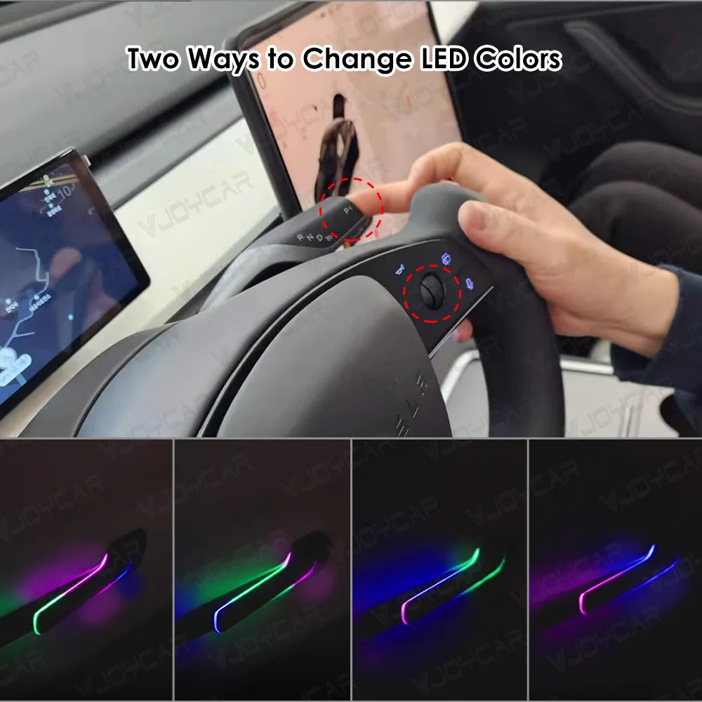 Tesla wireless LED door handle showing multiple color options and control methods for Model 3 and Model Y