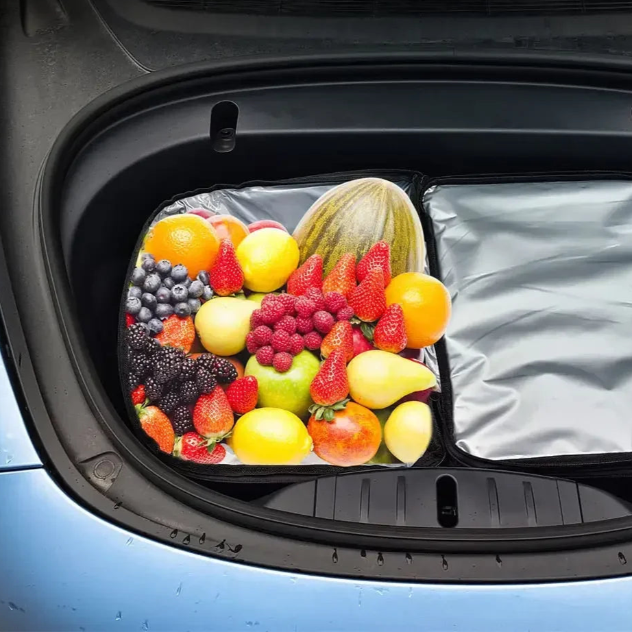 Tesla Model 3 and Model Y frunk cooler bag with fresh fruits stored inside – insulated storage organizer