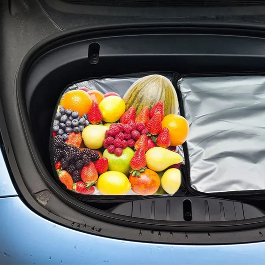 Tesla Model 3 and Model Y frunk cooler bag with fresh fruits stored inside – insulated storage organizer