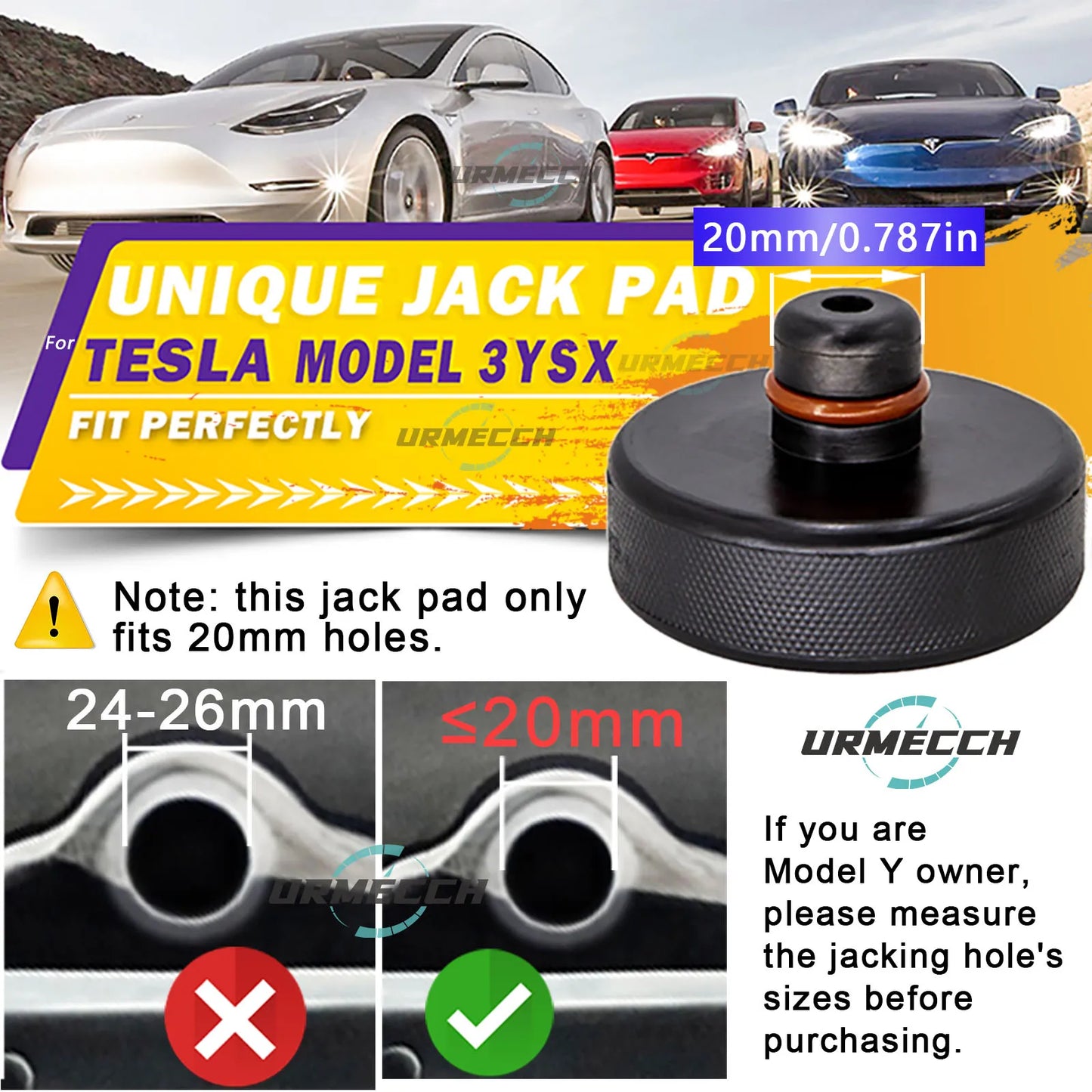 Tesla Model 3/Y/S/X jack pad 20mm fit guide with measurement comparison