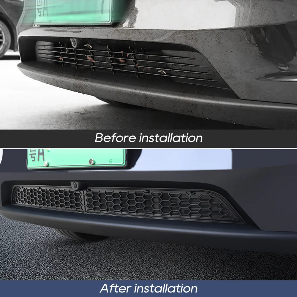 Before and after installation of Tesla Model Y 2025 Juniper lower bumper grille mesh cover