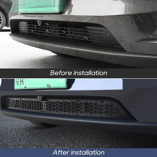Before and after installation of Tesla Model Y 2025 Juniper lower bumper grille mesh cover