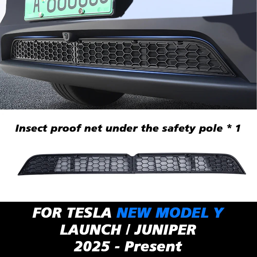 Tesla Model Y 2025 insect proof grille net installed under safety pole