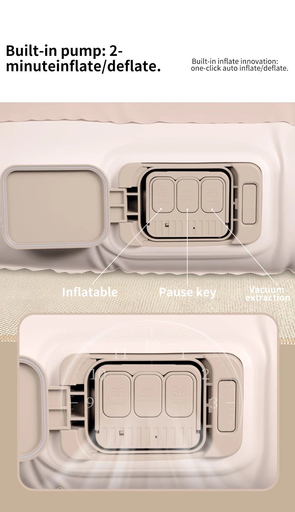 Close-up of built-in pump for Tesla Model Y inflatable mattress – one-click auto inflate and deflate in 2 minutes