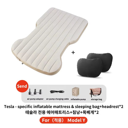 Tesla Model Y inflatable camping mattress set with 2 headrests, air pump, and storage bag – portable car travel bed