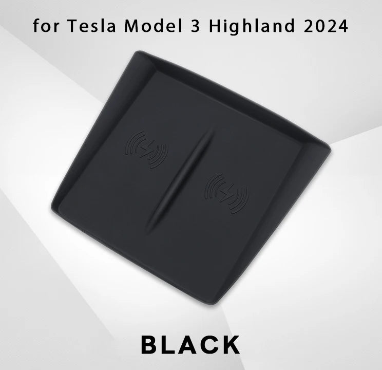 Black silicone center console storage box with wireless charging pad for Tesla Model 3 Highland 2024