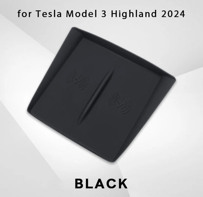 Black silicone center console storage box with wireless charging pad for Tesla Model 3 Highland 2024