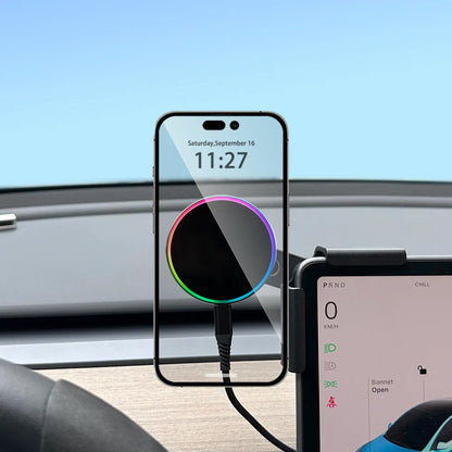 Tesla Model 3/Y 2025 Magnetic Phone Holder with 15W MagSafe Wireless Charger mounted on center screen