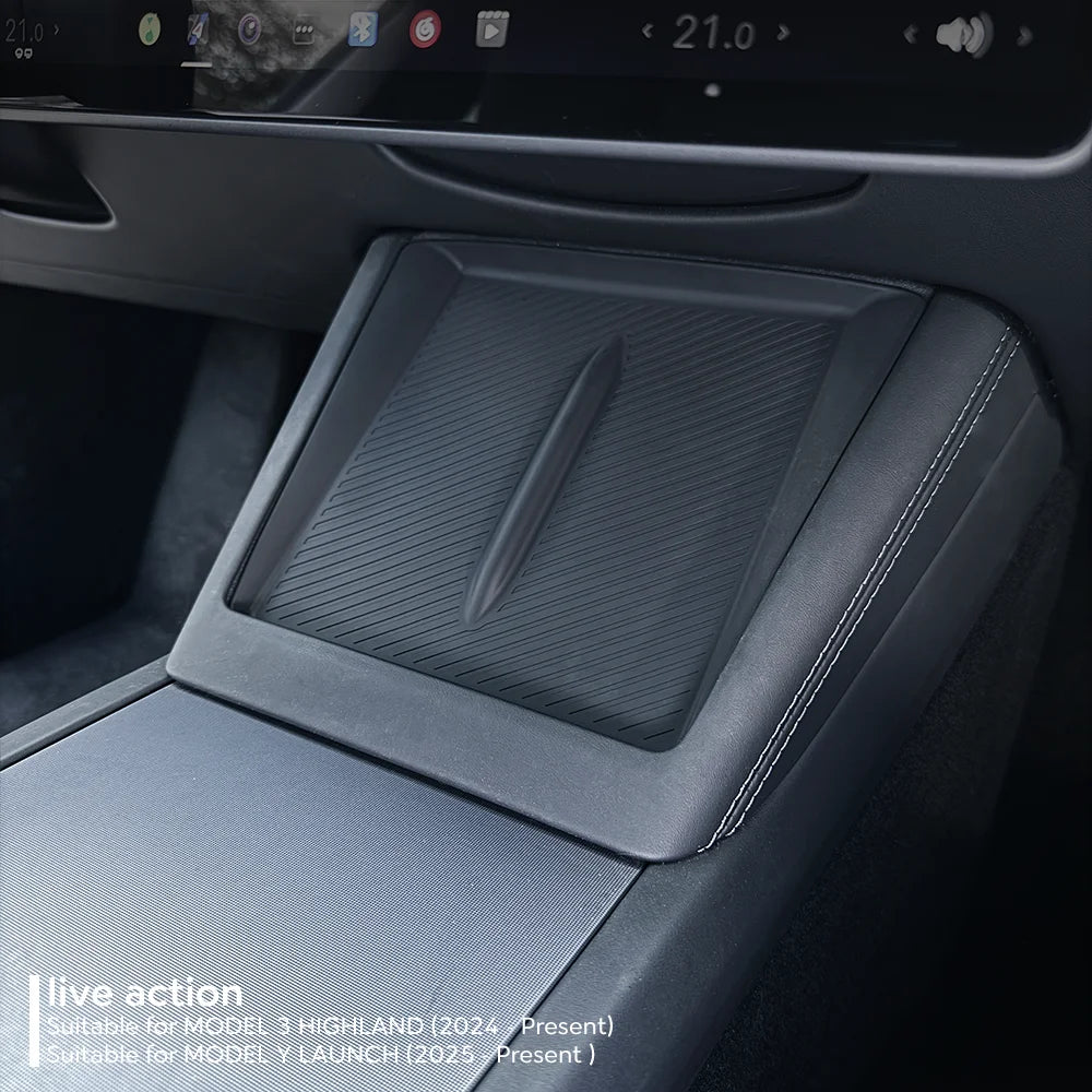 Tesla Model 3 Highland 2024 & Model Y Juniper 2025 black silicone center console storage box with wireless charging pad