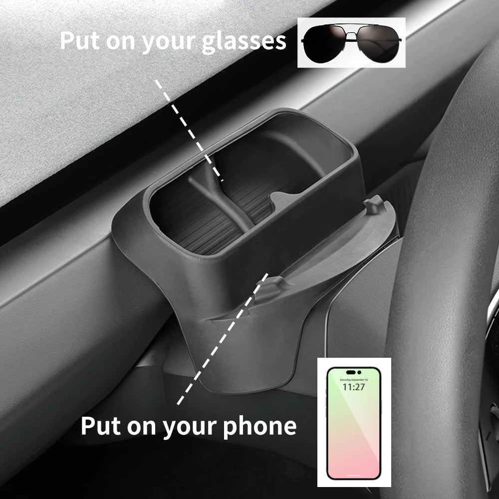 Tesla steering wheel storage box holding sunglasses and mobile phone – for Model Y 2025 and Model 3 Highland 2024