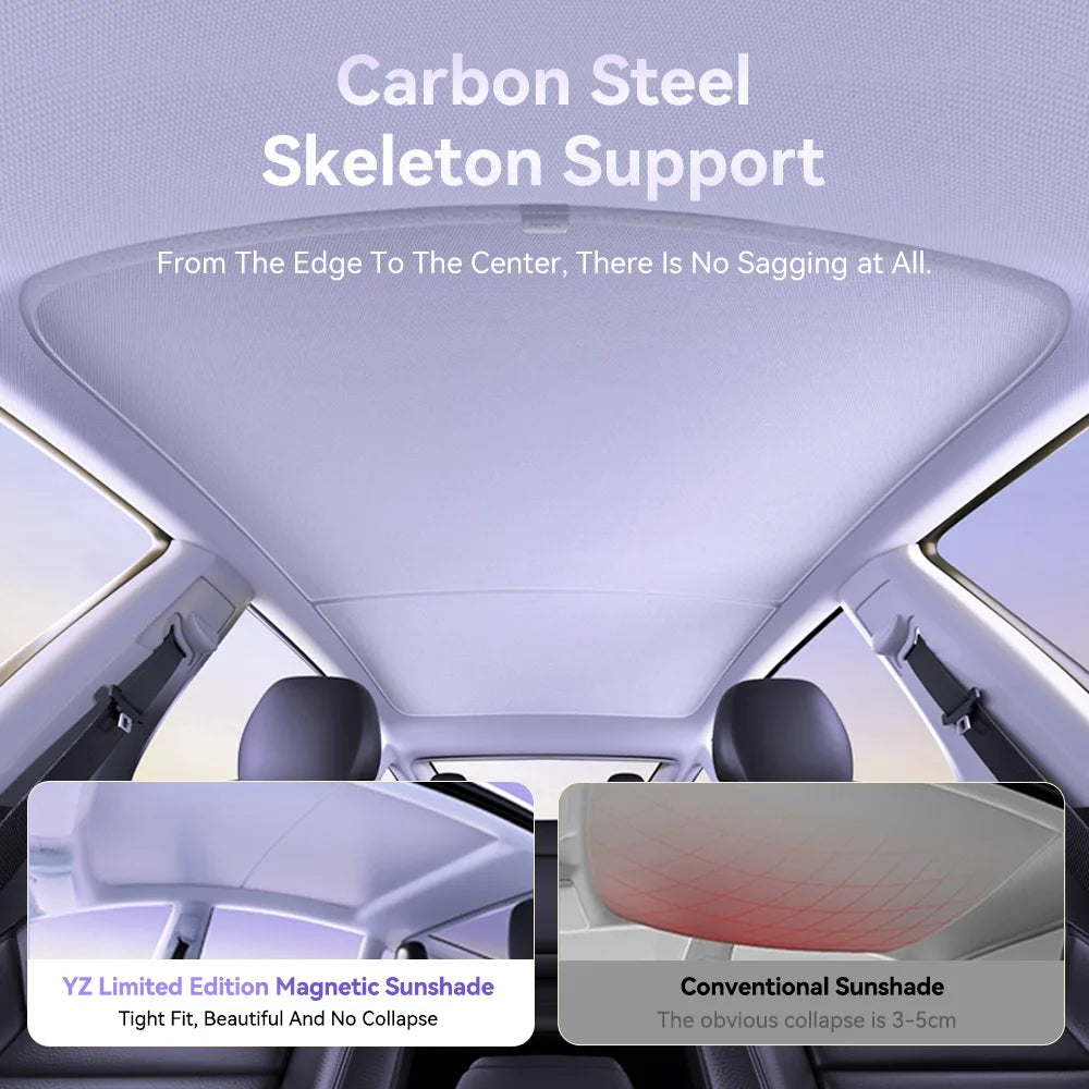 Tesla sunshade with carbon steel skeleton support, prevents sagging and provides tight fit compared to conventional sunshades