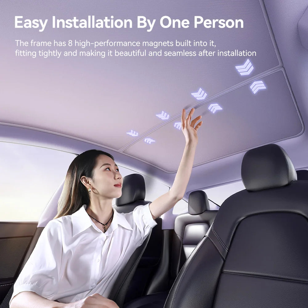 Tesla Model 3 and Model Y sunshade easy installation by one person with built-in magnetic clips for tight fit