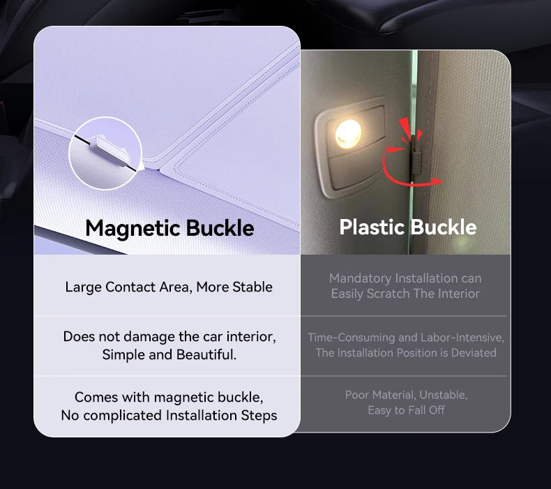 Comparison of Tesla sunshade magnetic buckle vs plastic buckle — magnetic design is stable, scratch-free, and easy to install