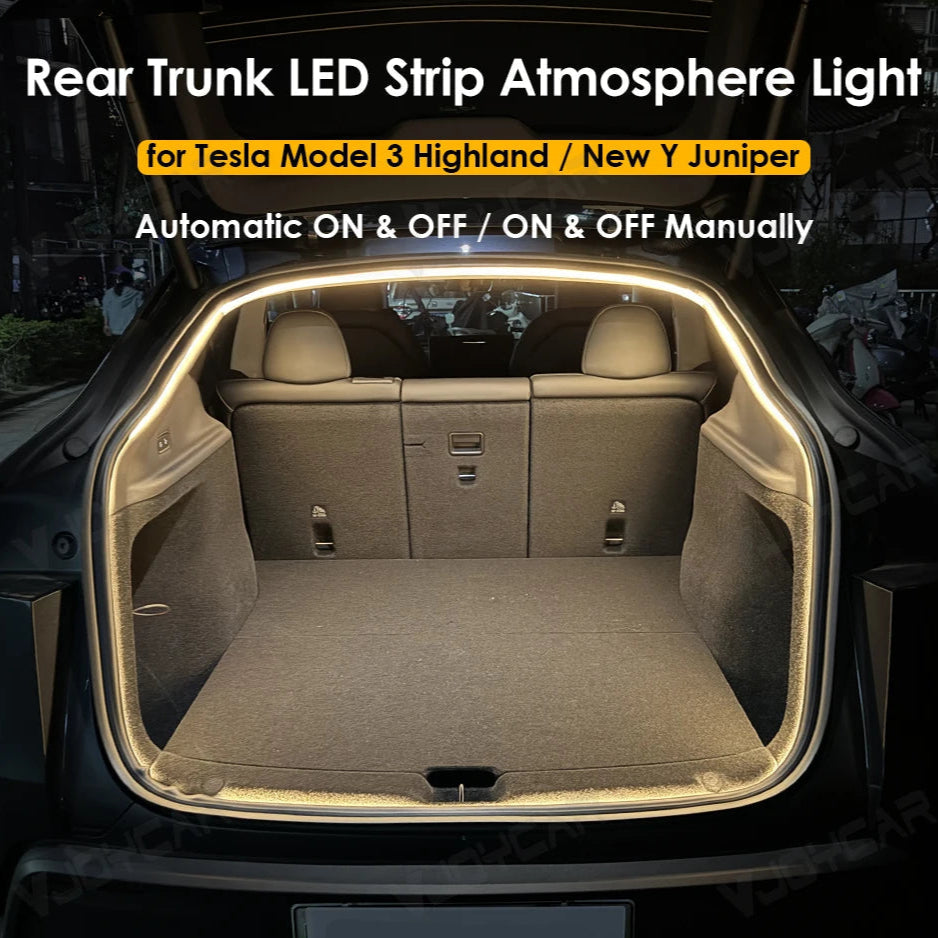 Tesla Model Y 2025 and Model 3 Highland 2024 rear trunk LED strip atmosphere light with automatic ON and OFF