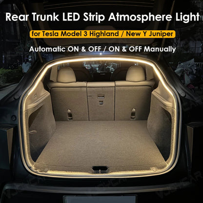 Tesla Model Y 2025 and Model 3 Highland 2024 rear trunk LED strip atmosphere light with automatic ON and OFF