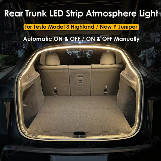 Tesla Model Y 2025 and Model 3 Highland 2024 rear trunk LED strip atmosphere light with automatic ON and OFF