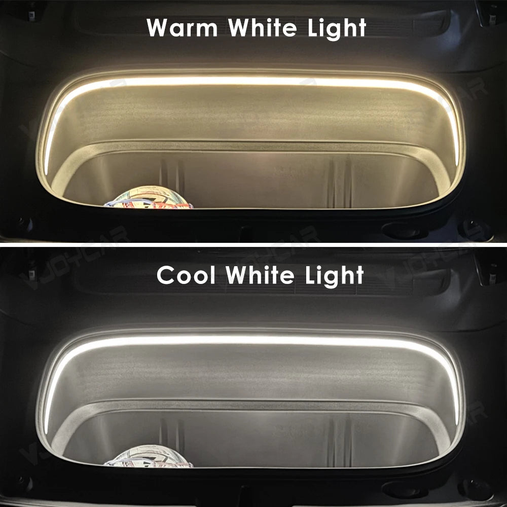 Tesla trunk LED strip light showing warm white and cool white options for Model Y 2025 and Model 3 Highland 2024