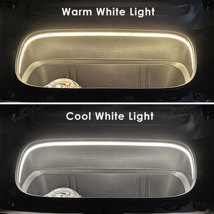 Tesla trunk LED strip light showing warm white and cool white options for Model Y 2025 and Model 3 Highland 2024