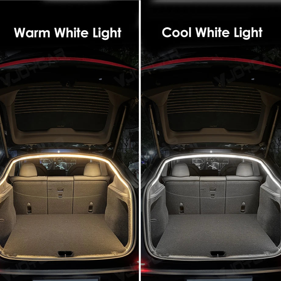 Tesla rear trunk LED strip light comparison – warm white and cool white options for Model Y 2025 and Model 3 Highland 2024